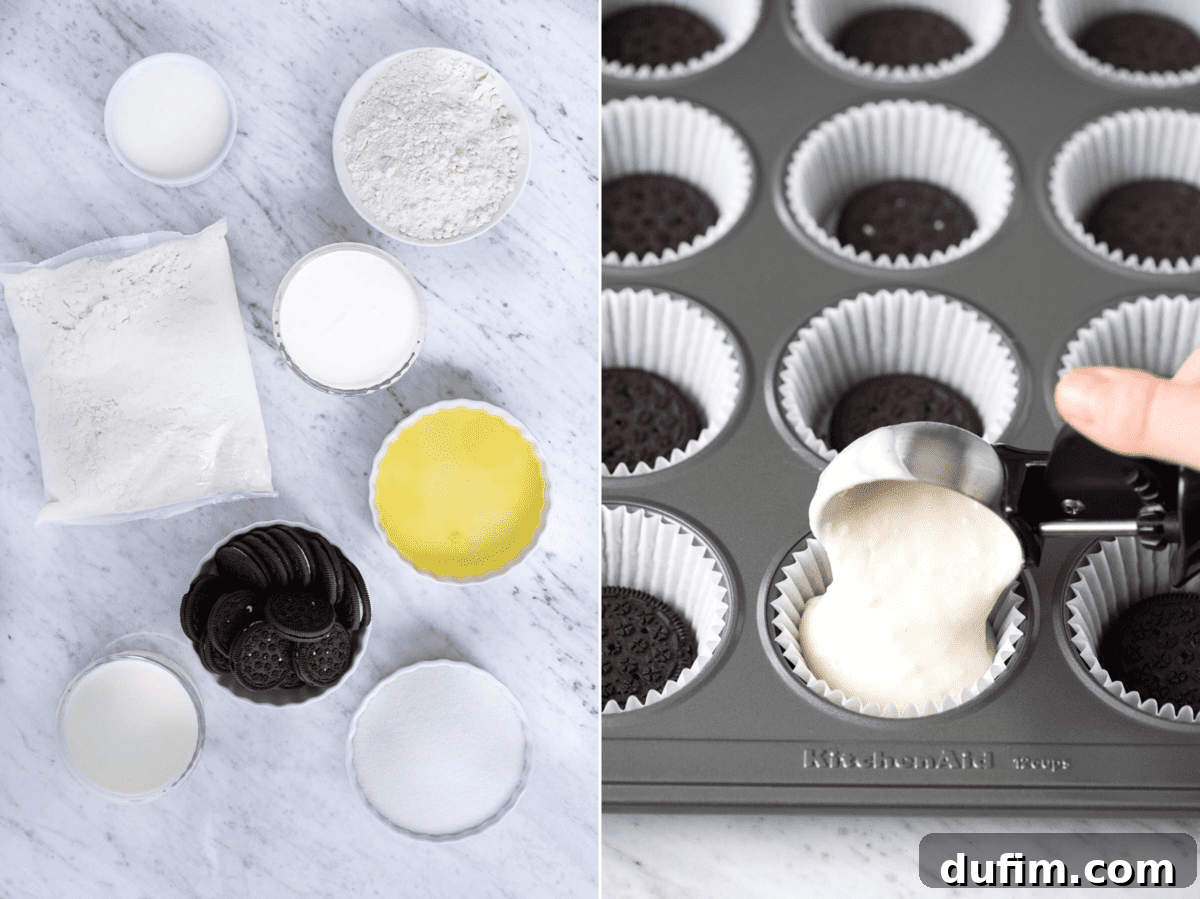 Oreo Cookie Crust Cupcakes 3 Collage showing step-by-step how to make Oreo bottom cupcakes, from placing the cookie to frosting