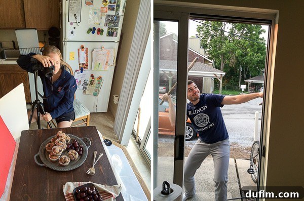 An image capturing an early morning photography session for muffins, utilizing natural light, contrasted with a humorous depiction of a husband's unique spider-killing technique.