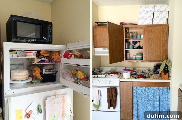 A freezer packed with ingredients, requiring extensive rearrangement to fit a cake, alongside a kitchen in disarray during a food photography session.
