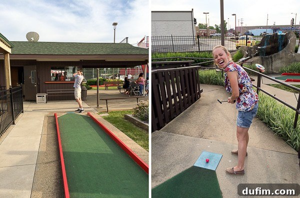 An enjoyable game of mini golf, featuring a unique, eyes-closed putting technique, and a leisurely walk to the grocery store for ice cream.
