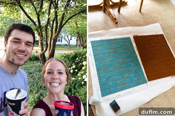 Enjoying ice cream on the walk home from the grocery store, followed by an image showcasing newly painted faux panel photography backgrounds in teal and brown.