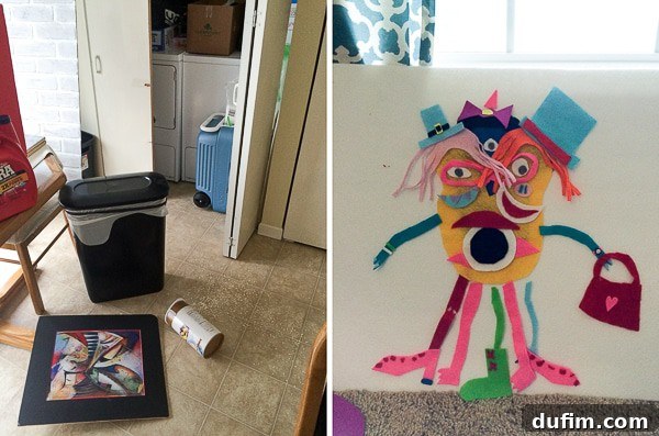 A humorous photo capturing spilled oats on the kitchen floor during a photoshoot, and a heartwarming image of a three-headed felt monster crafted by a creative child.