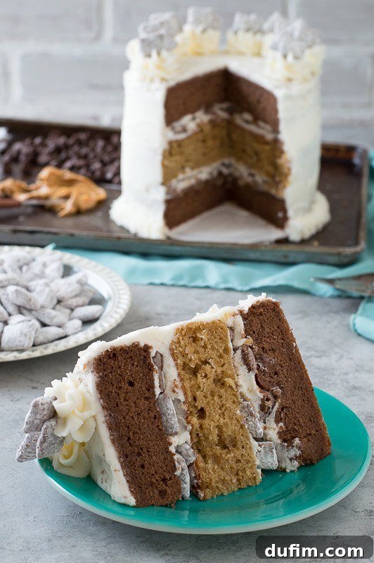 A stunning, tall layered cake with white frosting, garnished with powdered sugar-dusted puppy chow pieces and elegant swirls of frosting on top. 