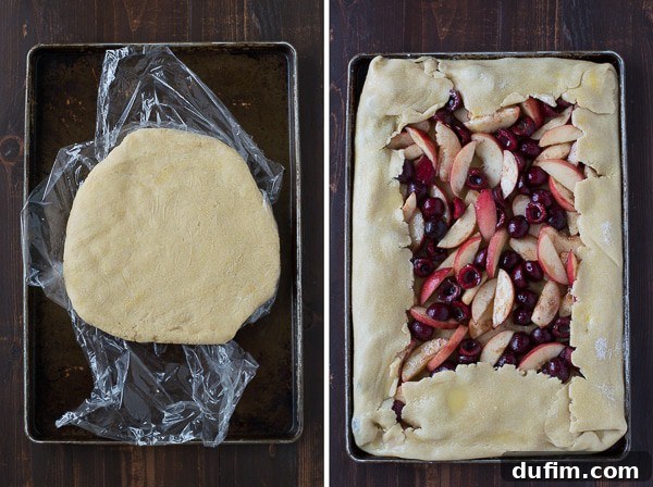 Cherry Peach Slab Pie - an easy open face pie made on a baking sheet! The crust is amazing!