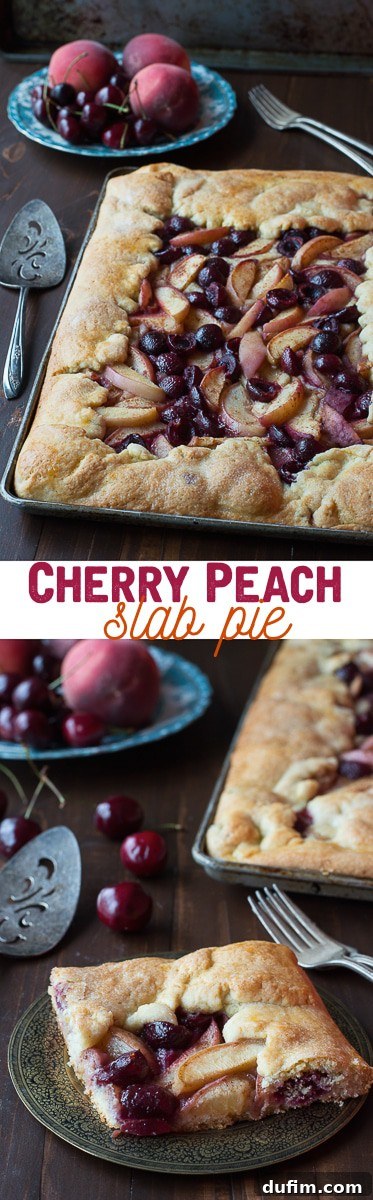 Cherry Peach Slab Pie - an easy open face pie made on a baking sheet! The crust is amazing!