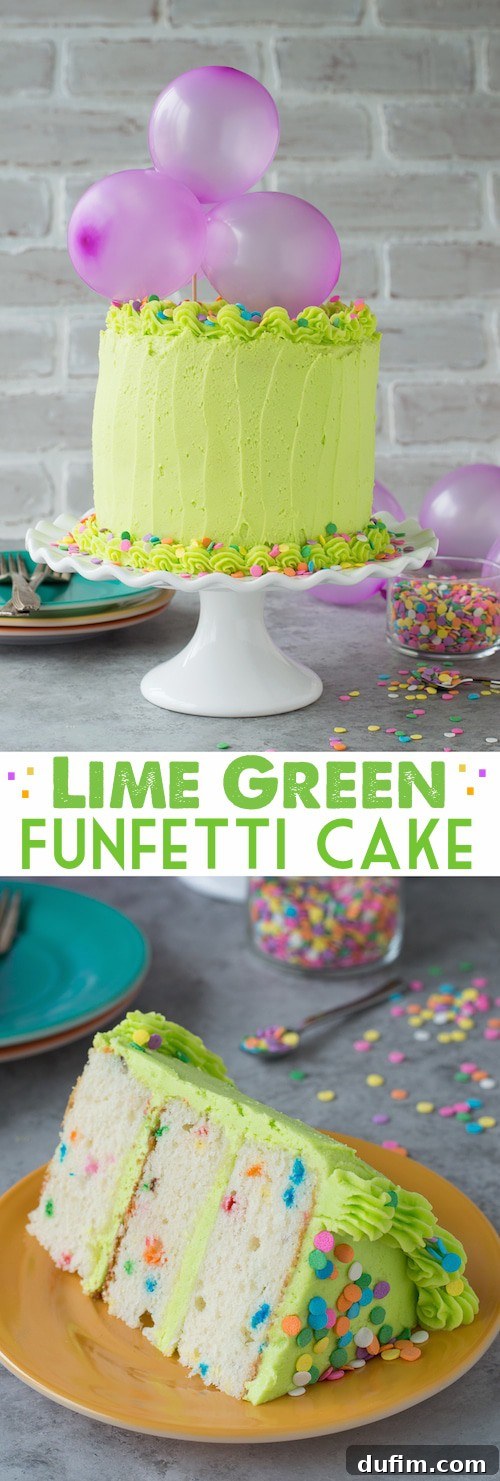 Homemade funfetti cake with lime green buttercream! Top the cake with a DIY balloon cake topper! A tall, beautifully frosted cake slice revealing the colorful funfetti interior and a vibrant cross-section, promising deliciousness.