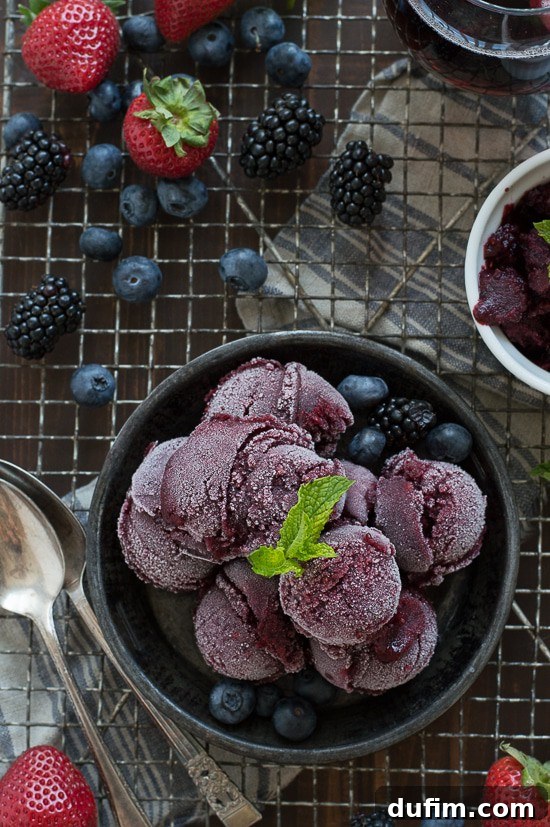 Sweet red wine and mixed berries are the stars of this easy, refreshing sangria sorbet recipe.