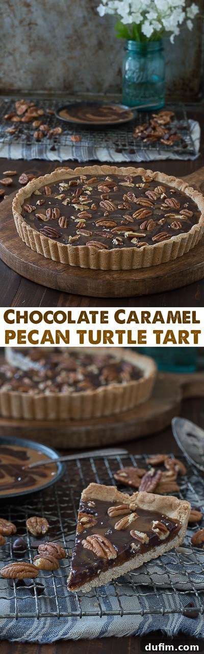 A tall, vertically oriented image of the luxurious Turtle Tart, showcasing its height and the abundant layers of caramel, chocolate, and pecans, ready to be enjoyed.