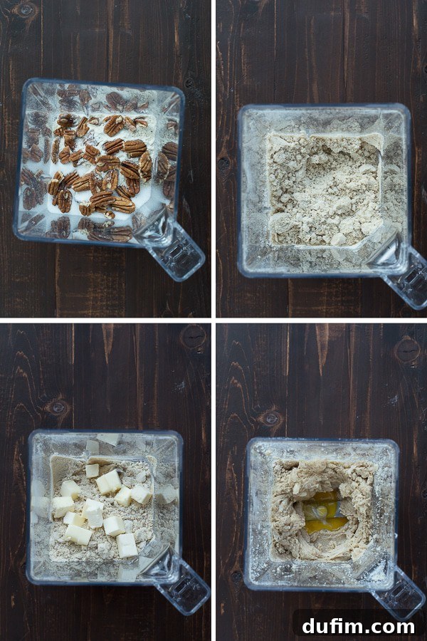 Step-by-step image showing hands gently pressing the freshly made tart dough into a tart pan, ensuring an even base for baking.