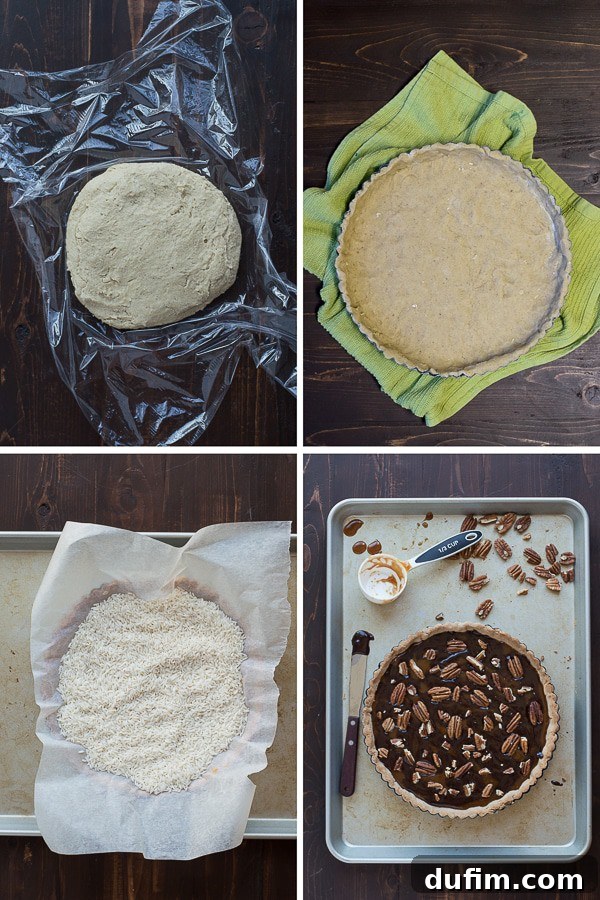 A visual guide showing the progression of making the tart crust: from raw ingredients in the blender, to a disc of dough, to the blind-baked crust, ensuring a perfect base for the tart.