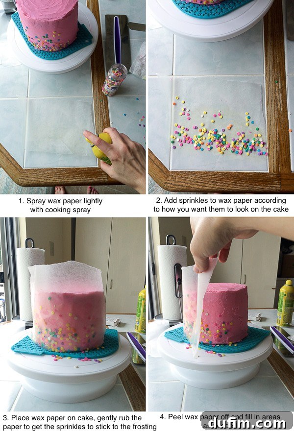 A step-by-step photographic guide demonstrating the effective wax paper method for applying confetti sprinkles neatly to the bottom edge of a frosted cake.