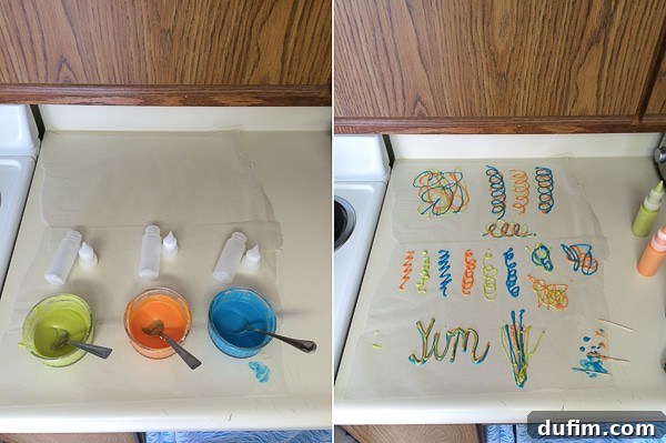 A visual tutorial showing various colored melted chocolate candy melts transferred into squeeze bottles and piped onto wax paper to create decorative elements.