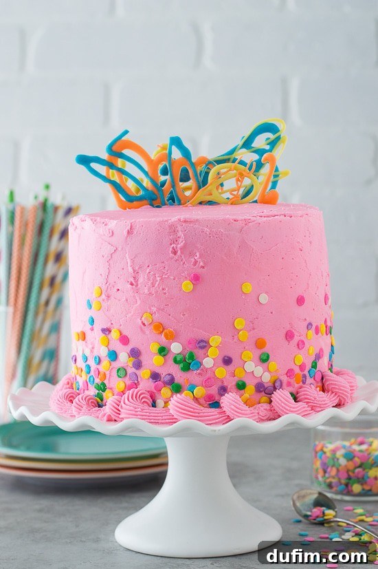 A detailed side view of the beautifully frosted Pink Confetti Chocolate Chip Cake, highlighting the smooth pink buttercream and the artfully applied confetti sprinkles on the lower half.