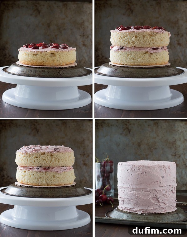 Detailed instructions on how to fill a cake using cherry buttercream, showing a layer of buttercream topped with fresh chopped cherries.