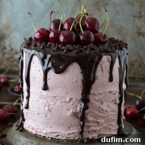 A 3 layer white cake filled with chopped cherries and cherry buttercream. Topped with a drizzled chocolate ganache and fresh cherries!