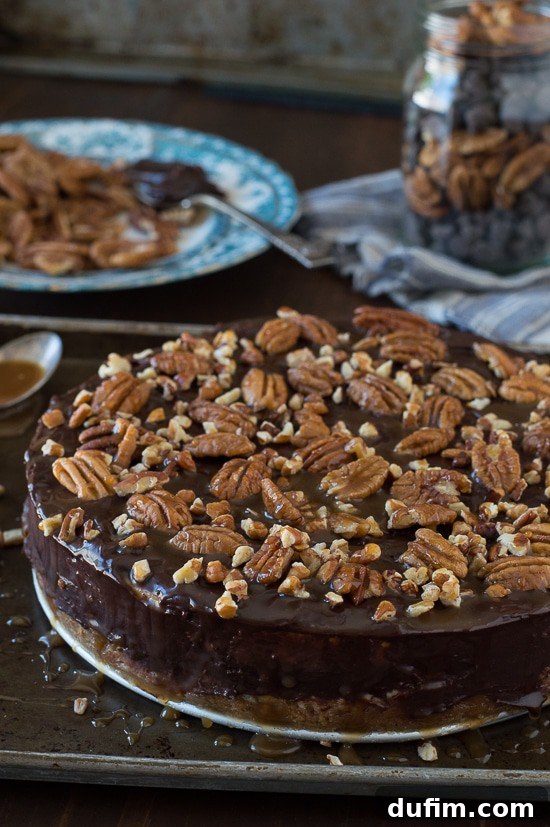A close-up of a whole turtle cheesecake, showing its creamy texture and the toppings: chocolate ganache, pecans, and caramel sauce.