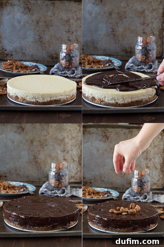 Another close-up of a slice of turtle cheesecake, emphasizing the generous toppings and smooth filling.