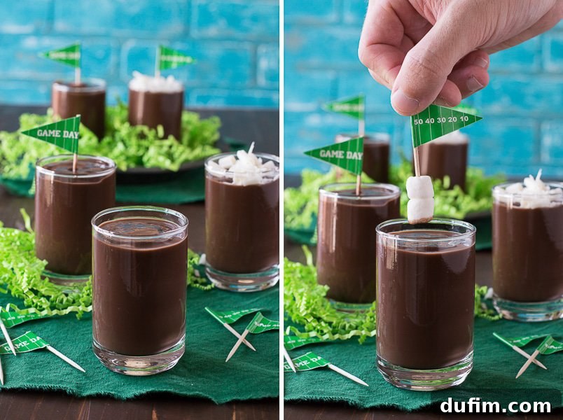A trio of football pudding cups on a serving tray with festive green accents, ready for game day.