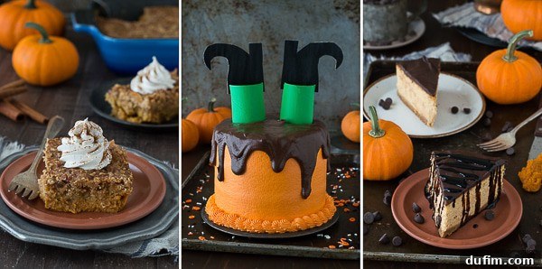 A collage of Halloween dessert recipes including Pumpkin Dump Cake, Melted Witch Cake, and Pumpkin Chocolate Cheesecake from thefirstyearblog.com.