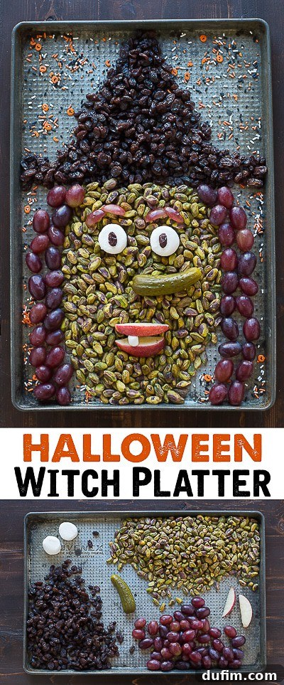 A full vertical shot of the Halloween Witch Platter, highlighting all the edible details and creative arrangement.
