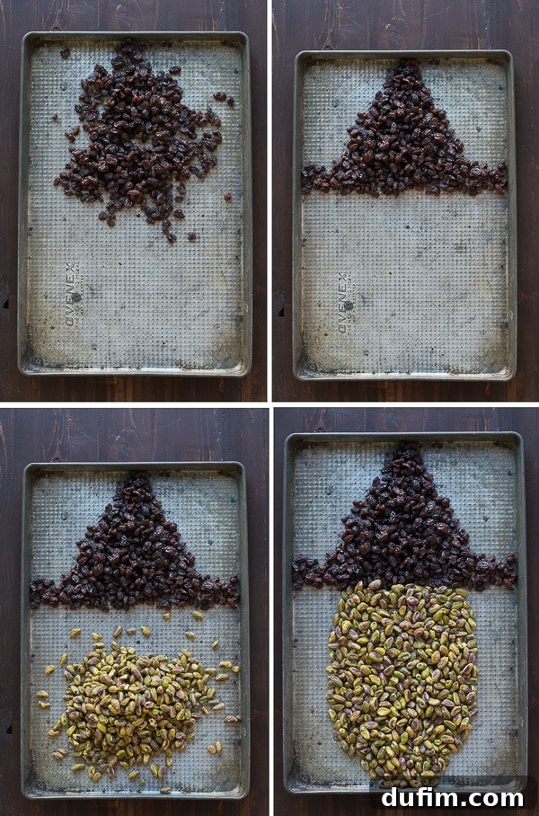 Detailed step-by-step image showing raisins being shaped into the witch's hat on a white baking sheet, starting the Halloween Witch Platter assembly.
