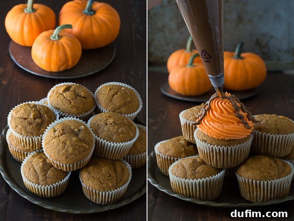 Pumpkin Walnut Spider Cupcakes with orange frosting and chocolate walnut spiders, perfect for Halloween.