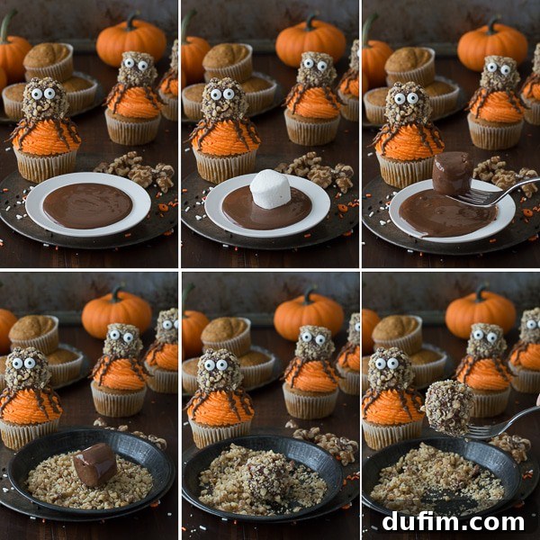 Fully assembled Pumpkin Walnut Spider Cupcakes on a tray, ready for a Halloween party.