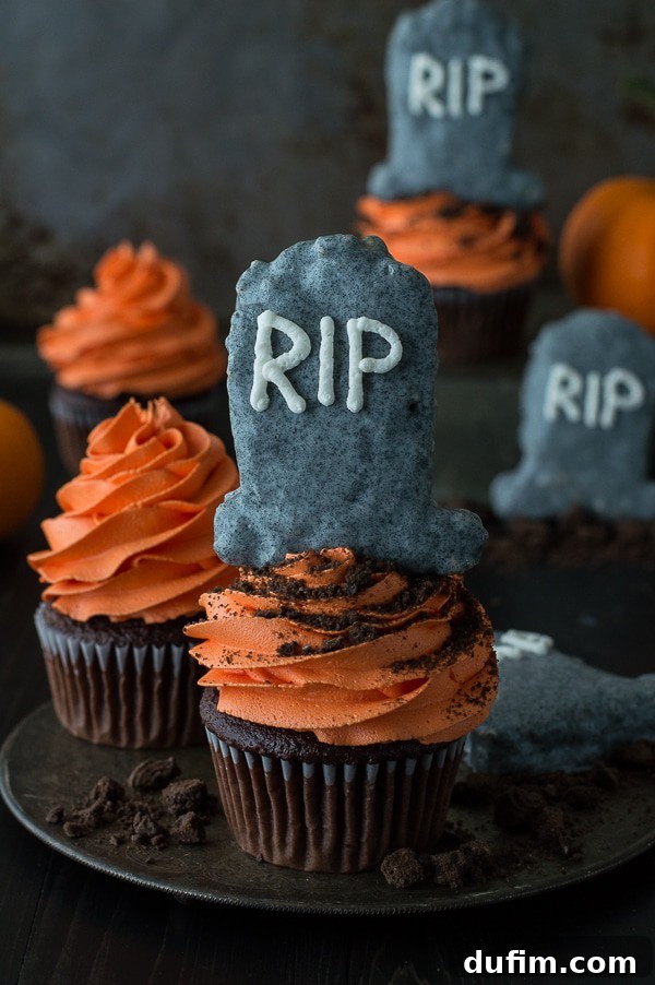 These fun halloween tombstone cupcakes are made with chocolate cupcakes and rice krispie treats that are made to look like tombstones! 