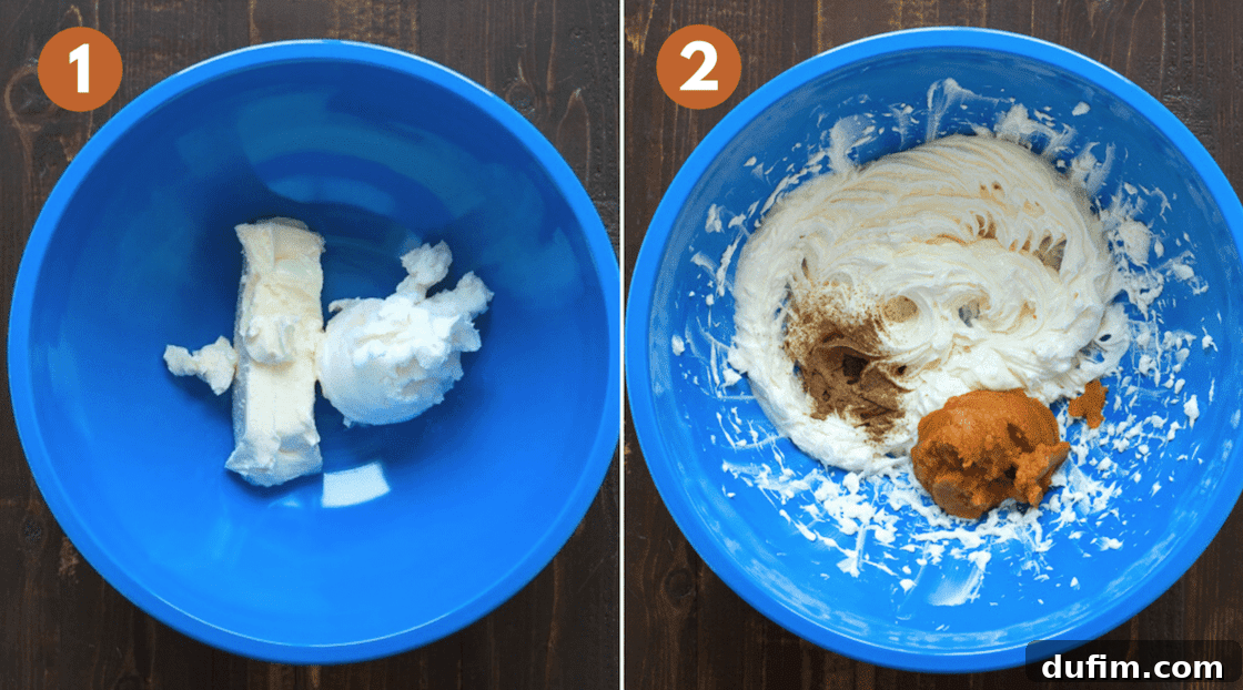 collage image with butter and shortening in blue mixing bowl, second image with butter, pumpkin puree and spices in blue mixing bowl