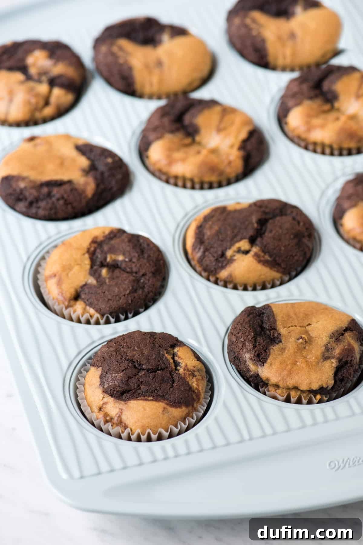 unfrosted chocolate peanut butter cupcakes in blue muffin pan