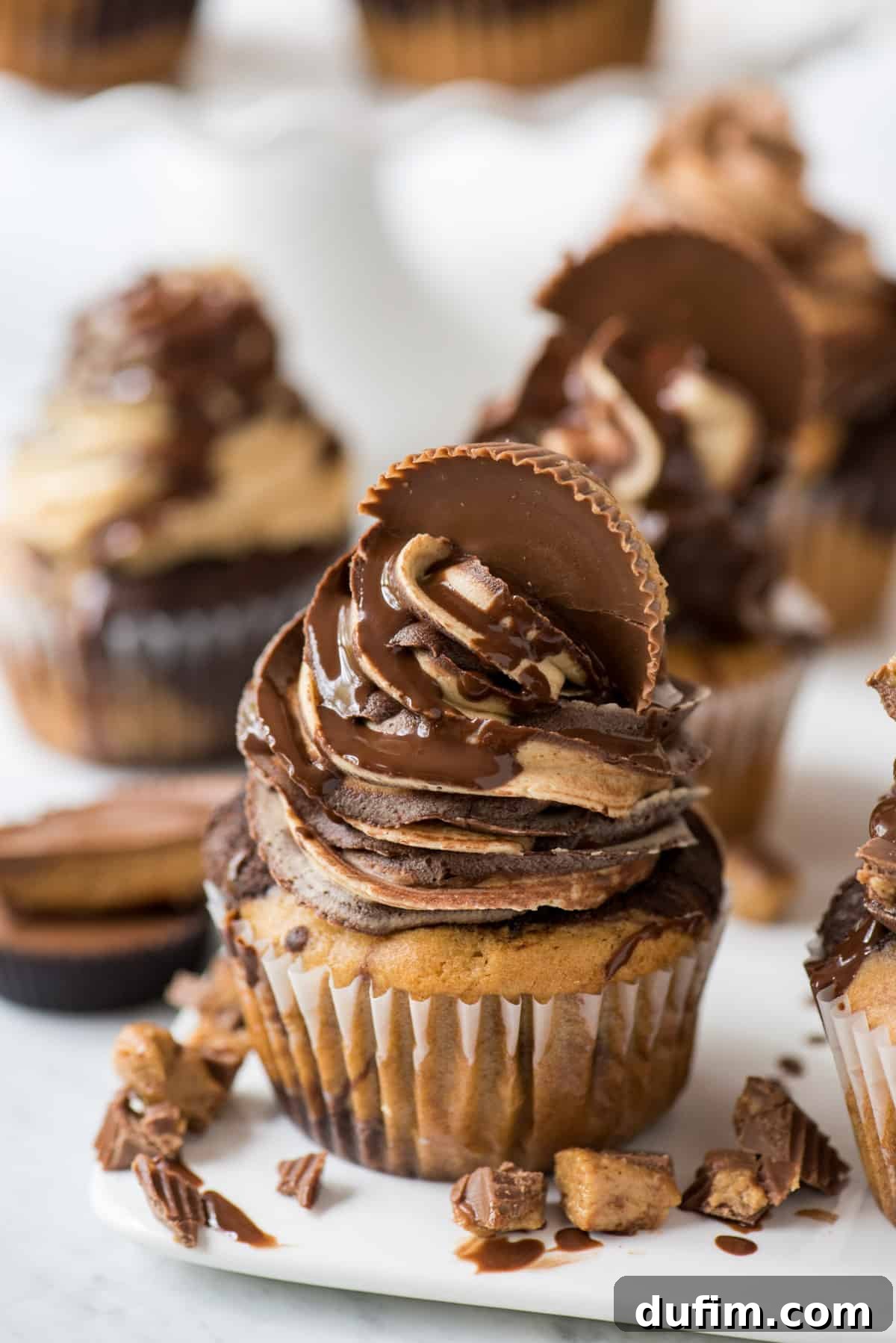 chocolate peanut butter cupcake with swirled chocolate peanut butter frosting topped with a reese’s cup and drizzled with chocolate sauce on white background