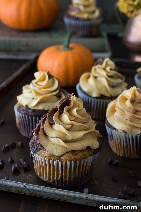 Harvest Pumpkin Chocolate Delights 5 A stunning arrangement of swirled pumpkin chocolate cupcakes, showcasing the intricate two-tone frosting and rich cake base, ready to be enjoyed.