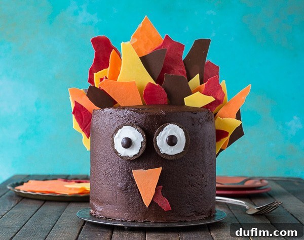 A beautifully decorated 3-layer pumpkin chocolate turkey cake, showcasing its vibrant chocolate shard feathers and playful facial features.