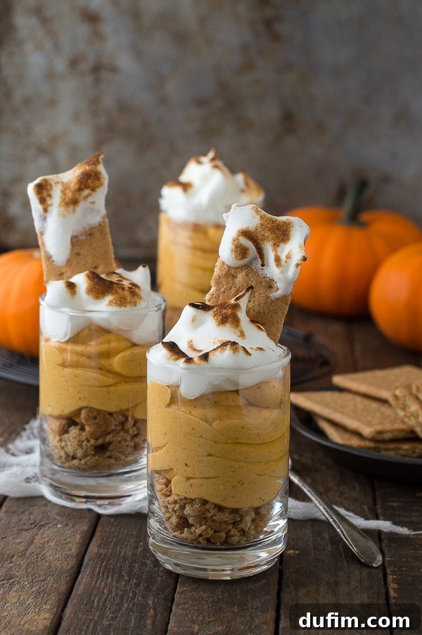 Spiced Pumpkin Cheesecake Parfaits 3 Close-up of three pumpkin pie cheesecake shooters, showing layers of crumbs, cheesecake, and toasted meringue.