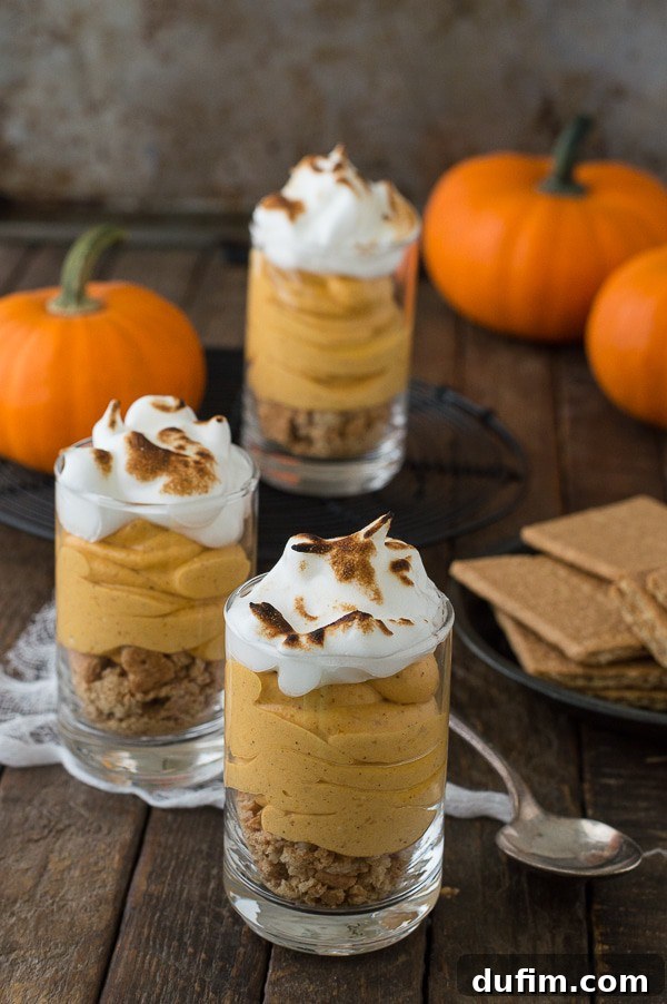 Spiced Pumpkin Cheesecake Parfaits 4 Individual pumpkin pie cheesecake shooter with a swirl of toasted meringue, ready to serve.