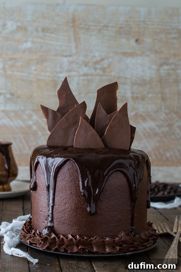 Homemade Chocolate Chocolate Cake with chocolate shatters drizzled with chocolate and chocolate frosting.