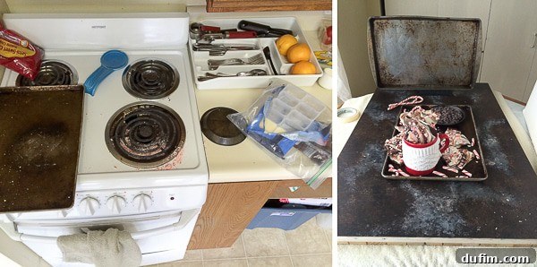 Kitchen disaster: crushed candy canes scattered everywhere by mischievous kitten Salsa