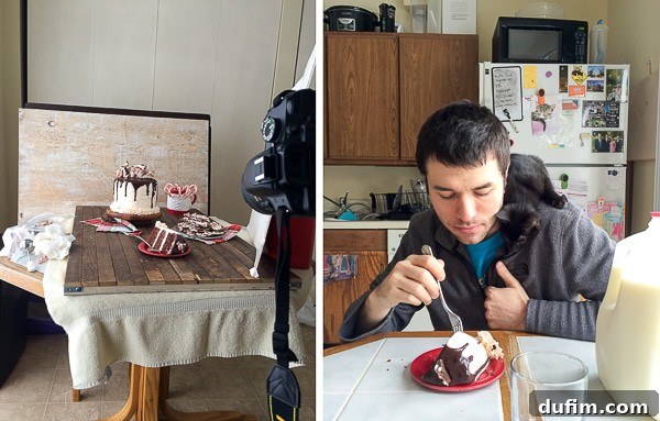 Chocolate peppermint cake ready to eat and Salsa sniffing the cake