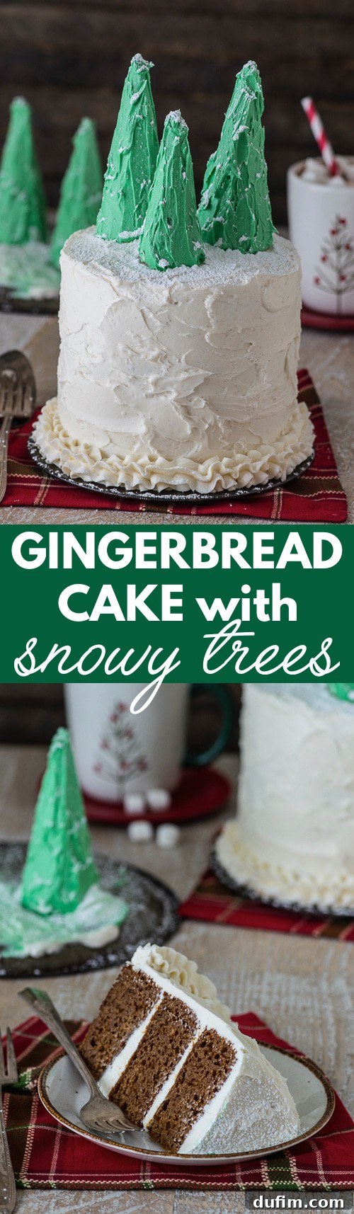 Easy gingerbread cake with vanilla bean buttercream, topped with snowy christmas trees! 