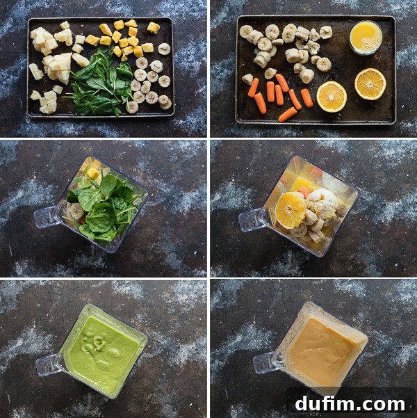 Two-layer healthy green monster orange smoothie in a glass, ready for a refreshing and nutritious treat.