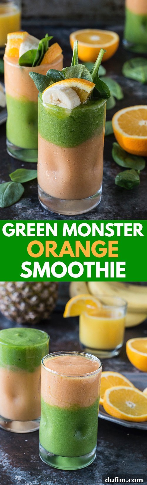 A tall glass showcasing the perfectly layered green monster orange smoothie, highlighting its vibrant colors and smooth texture, ready to be enjoyed.