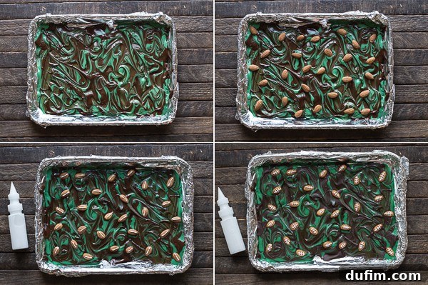 Vibrant green candy melts being stirred in a separate pot, achieving a smooth, field-like consistency.