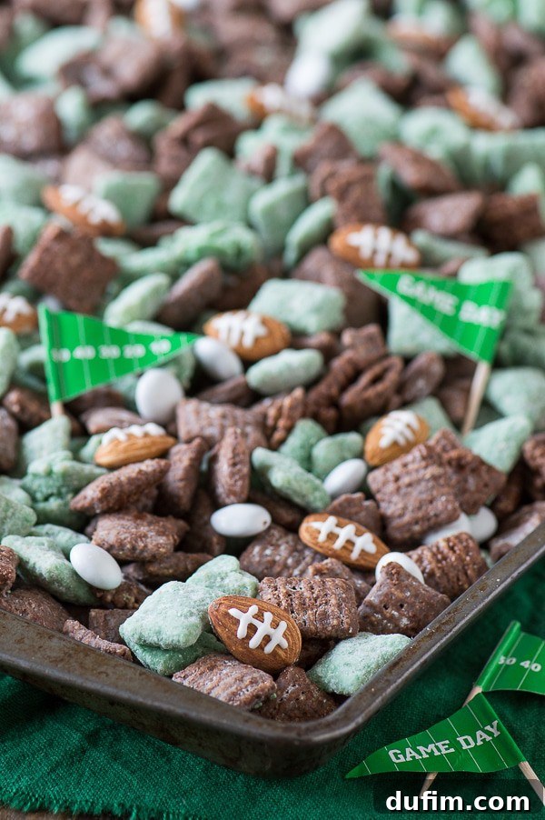 Green and brown Football Puppy Chow with almonds shaped like footballs and festive Game Day flags