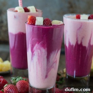 This two layer berry beet smoothie recipe is easy to make, full of fruit, and has a fun color!