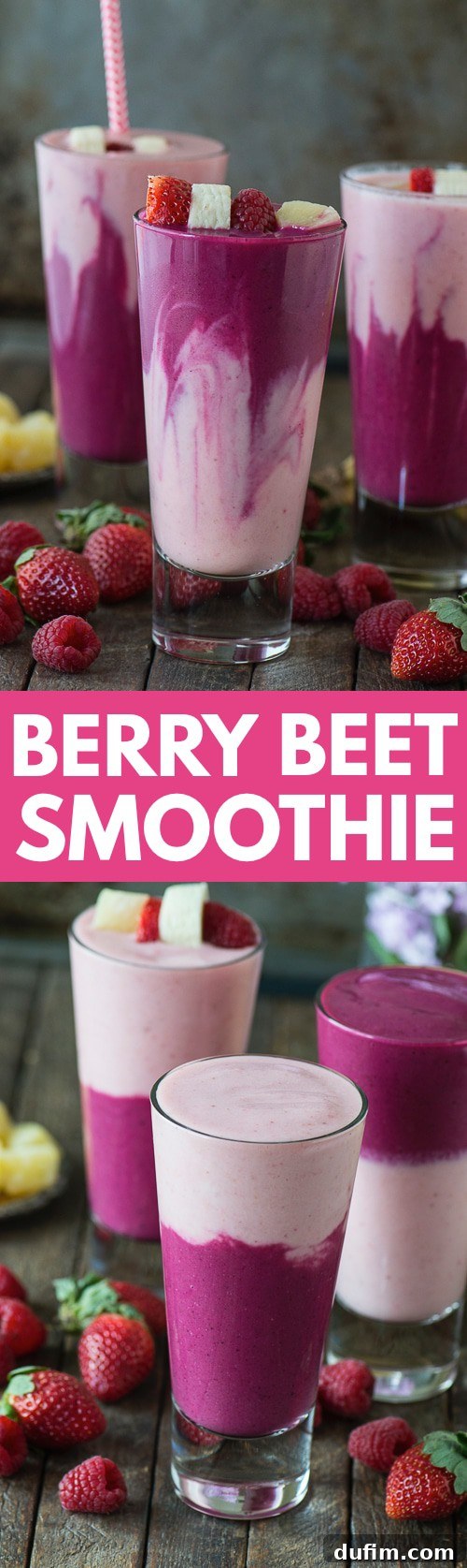 This two layer berry beet smoothie recipe is easy to make, full of fruit, and has a fun color! A final wide shot of the delicious smoothie.