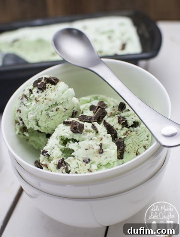 Creamy No Churn Mint Chocolate Chip Ice Cream served in three elegant white bowls with silver spoons.