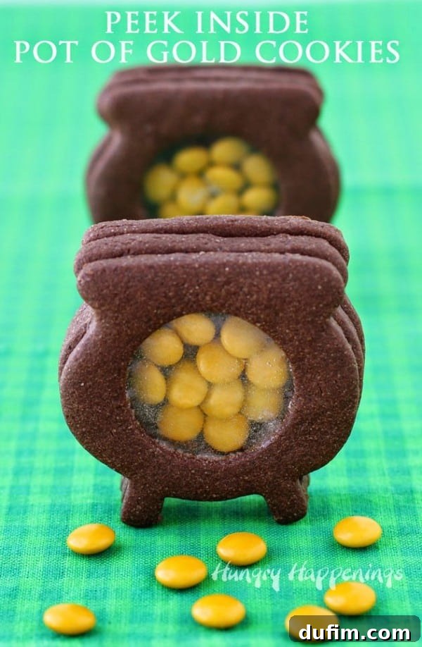 Intriguing Peek Inside Chocolate Pot of Gold Cookies displayed on a festive green and blue plaid tablecloth.
