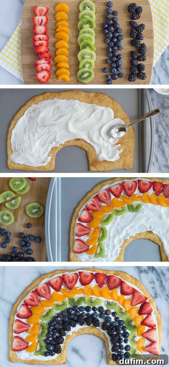 A captivating photo collage illustrating the step-by-step process of making a Rainbow Fruit Pizza.