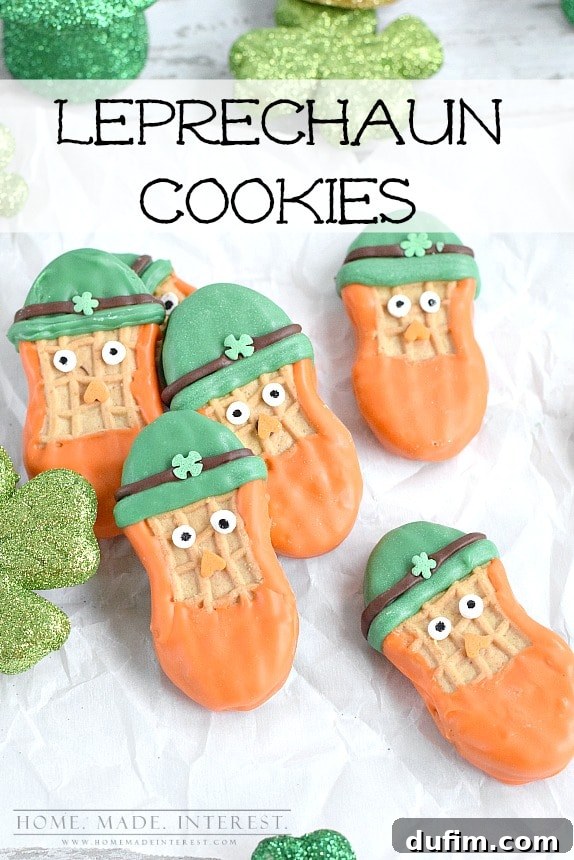 Six charming St Patrick’s Day Leprechaun Cookies artfully arranged on parchment paper.