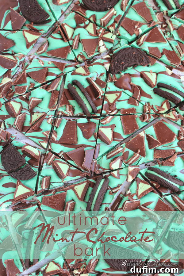 Decadent Ultimate Mint Chocolate Bark adorned with crushed Oreos on top, perfect for sharing.